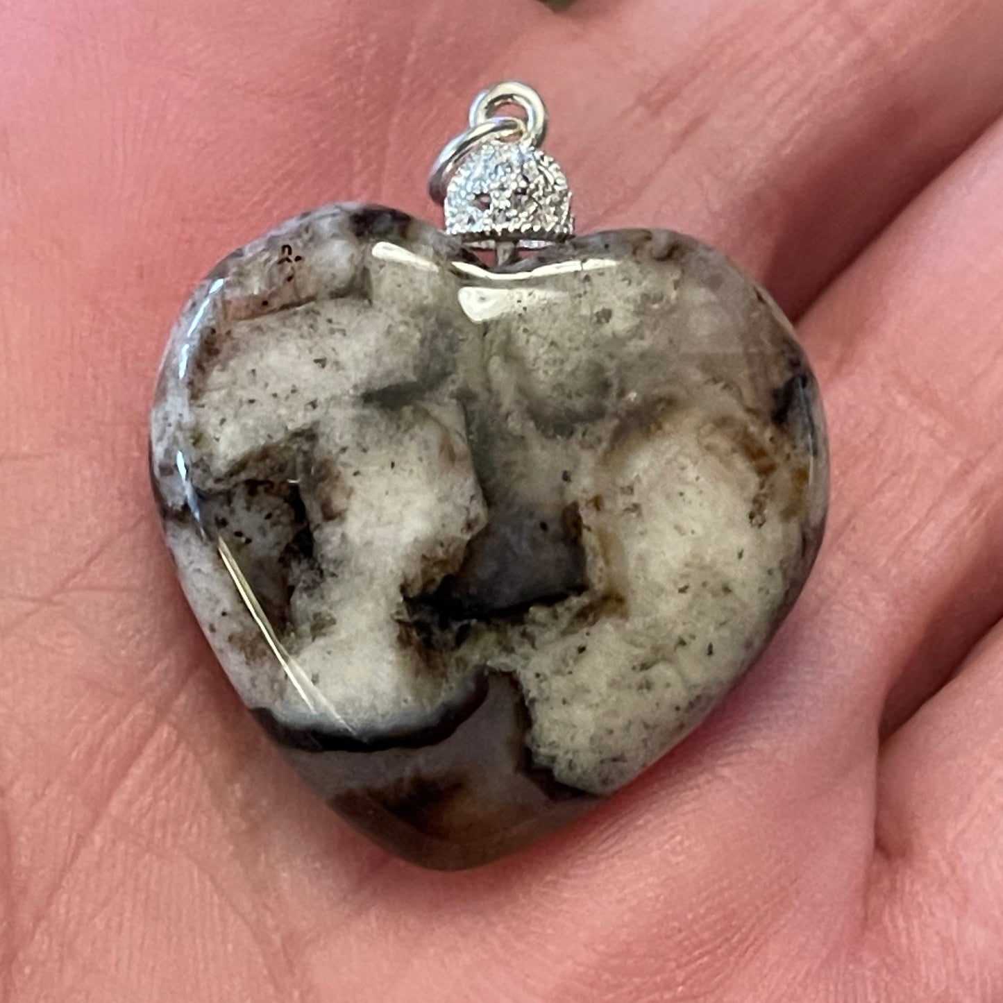 Black Flower Agate Heart Pendant