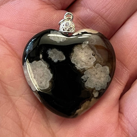 Black Flower Agate Heart Pendant