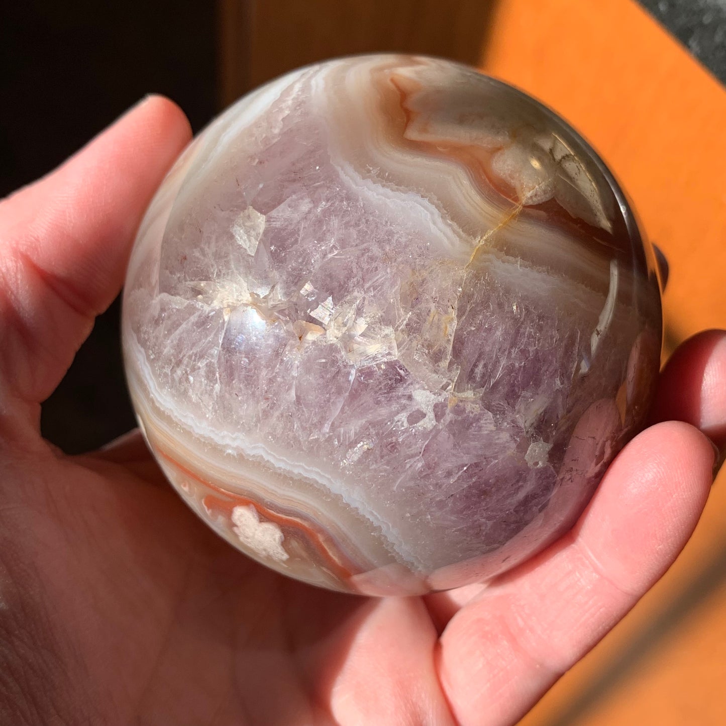 Amethyst x Flower Agate Sphere with Incredible Banding + Purple Quartz Druzy