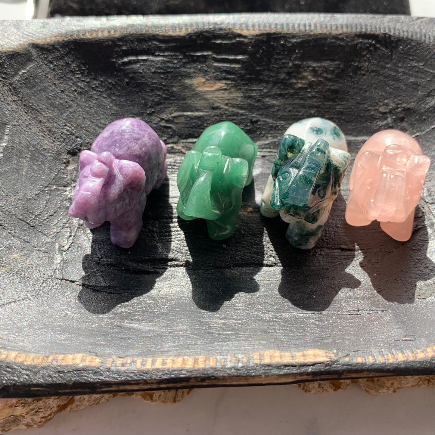 Elephant Carvings - Choose from Green Aventurine, Lepidolite, Moss Agate, Rose Quartz, Black Obsidian