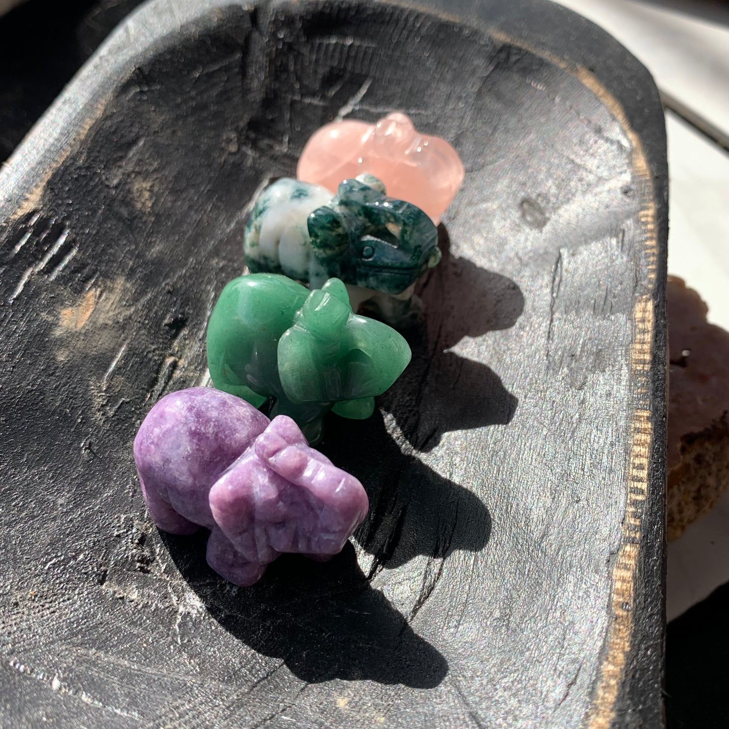 Elephant Carvings - Choose from Green Aventurine, Lepidolite, Moss Agate, Rose Quartz, Black Obsidian