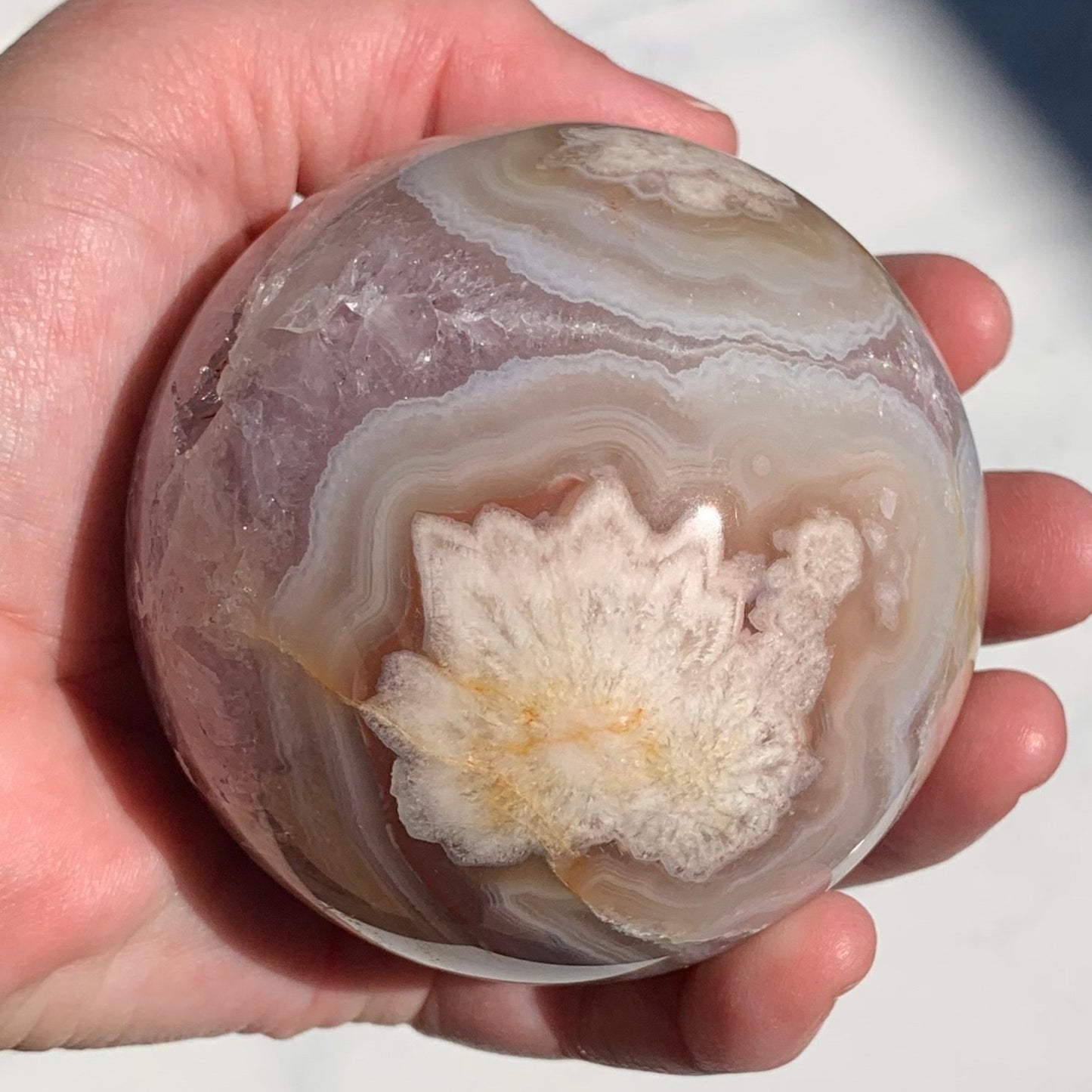 Amethyst x Flower Agate Sphere with Incredible Banding + Purple Quartz Druzy