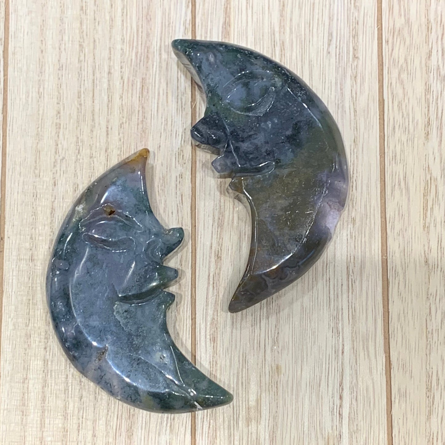 Moss Agate Moon Carvings