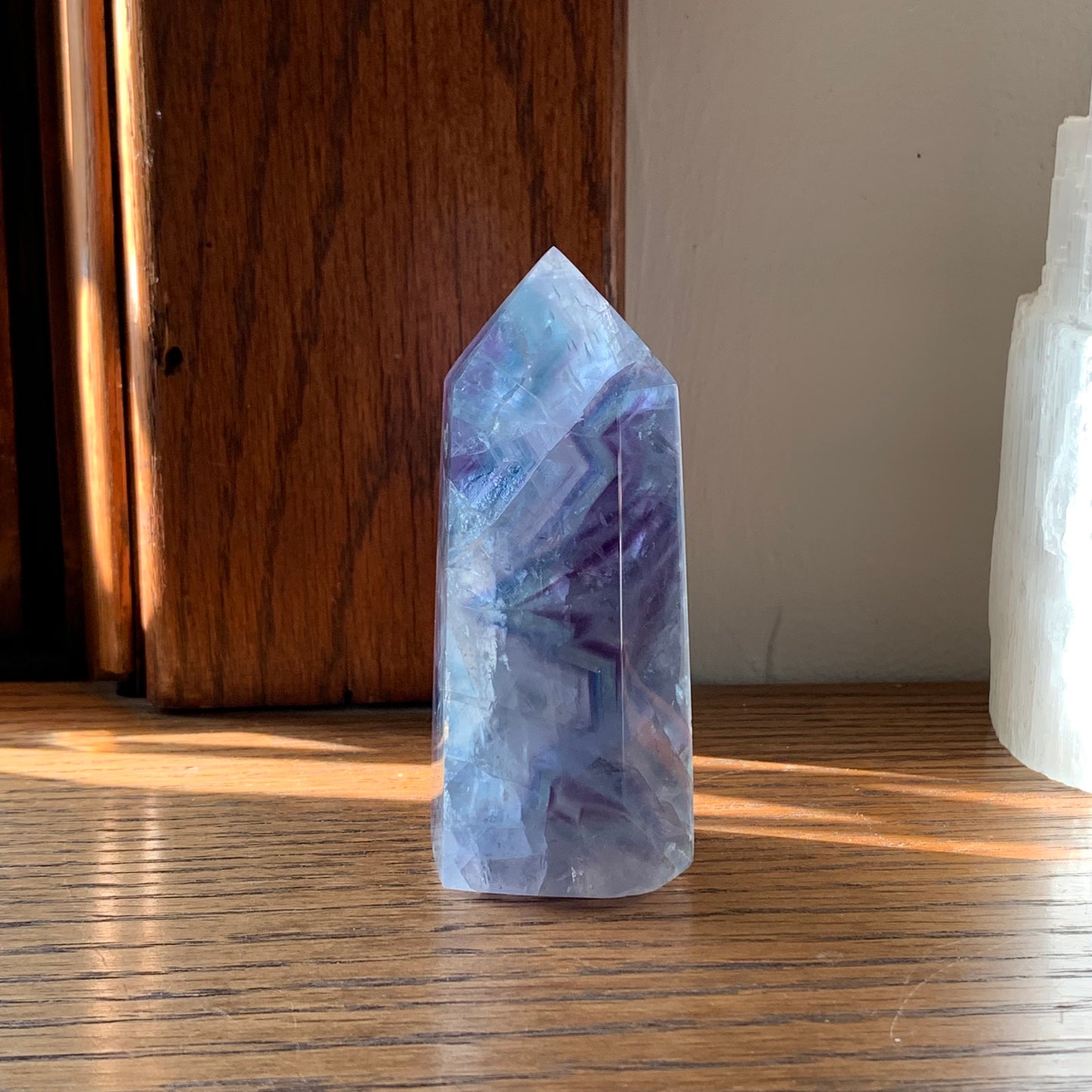 Clear Fluorite Tower with Blue + Purple Stairstep Banding