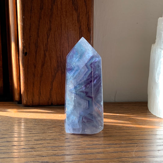 Clear Fluorite Tower with Blue + Purple Stairstep Banding