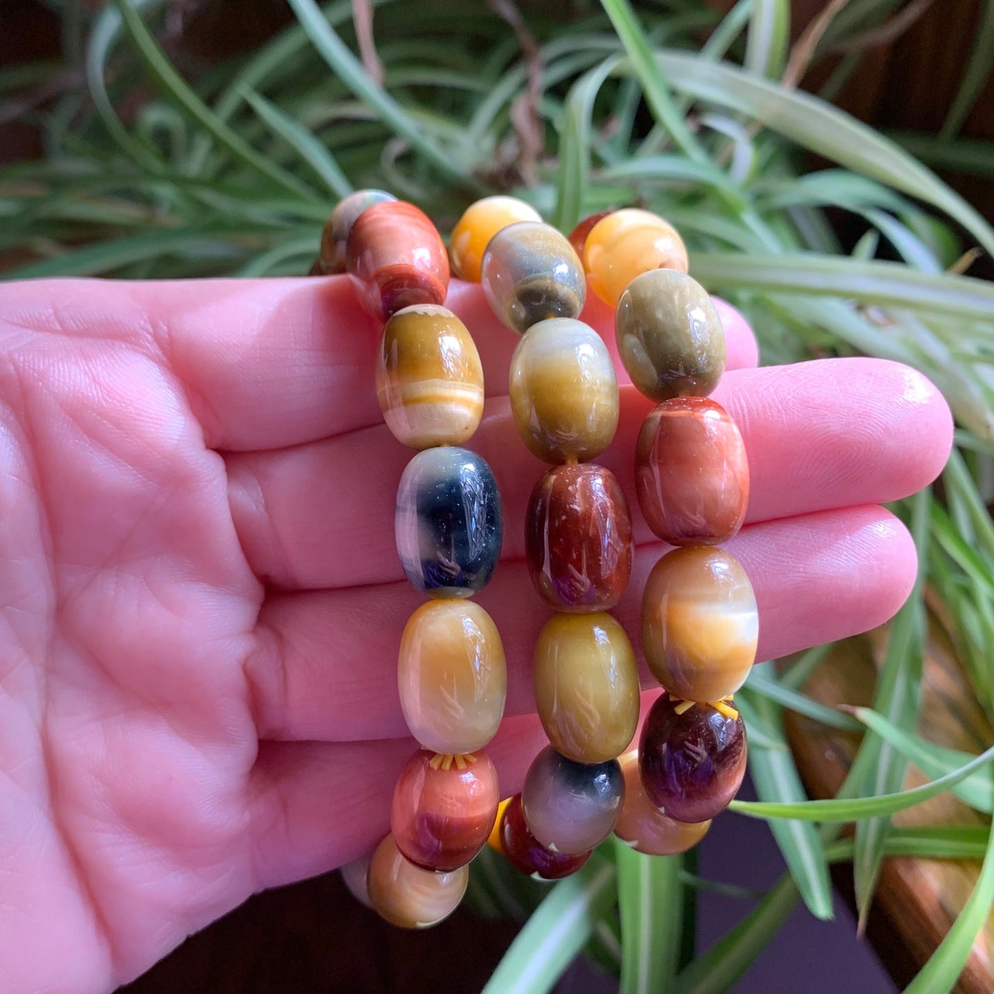 Mixed Tiger's Eye Bracelets // Gold, Red + Blue Beads // Oval Bead 14mm long + 7.5" bracelet