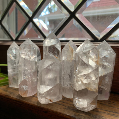 Clear Fluorite Towers with Light Golden Healer // Clear + Rainbowy // Small Touches of Golden Healer