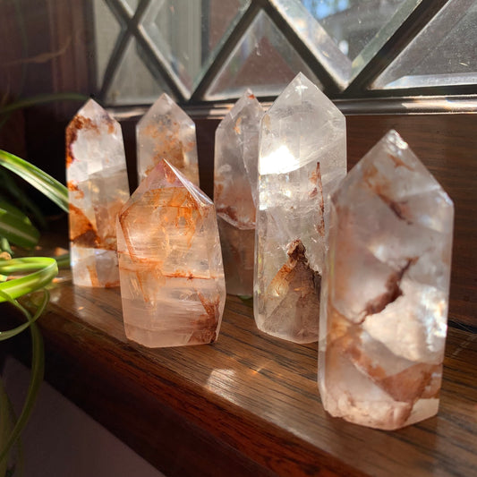 Clear Fluorite Towers with Lots of Golden Healer // Clear + Rainbowy // Heavy Ribbons of Golden Healer