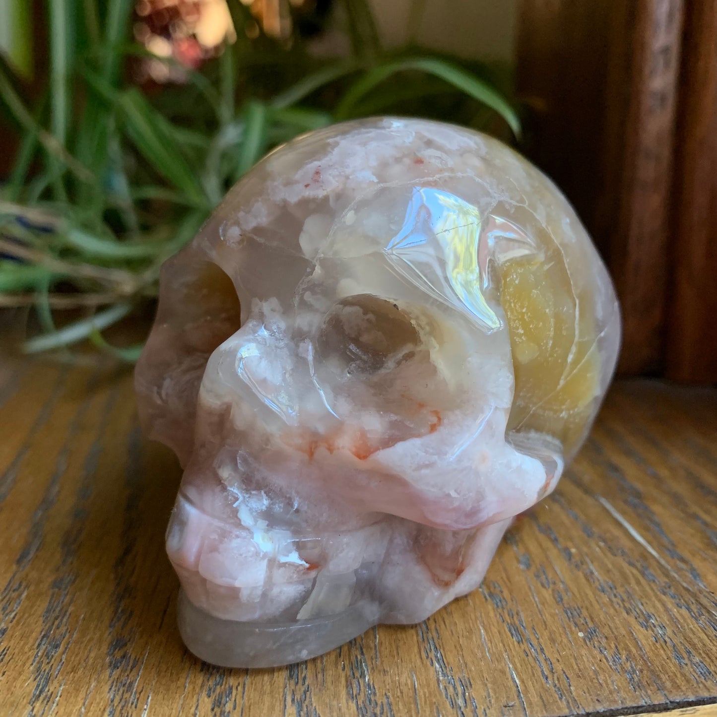 Pink Flower Agate Skull