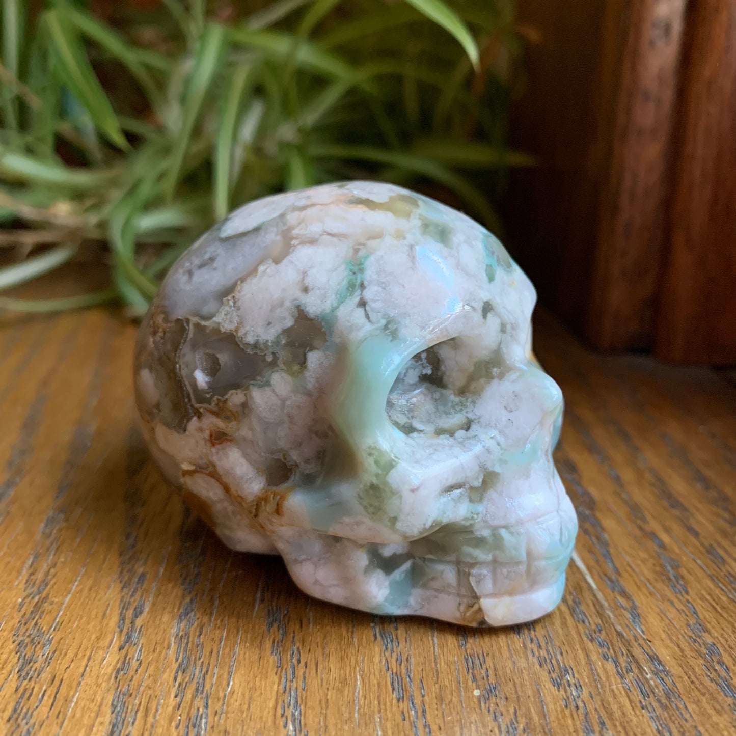 Green Flower Agate Skull