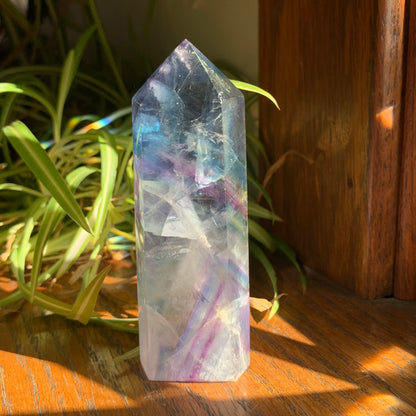 Clear Fluorite Tower with Blue Zoning + Purple Stairstep (15c) // Massive Shimmer + Rainbows