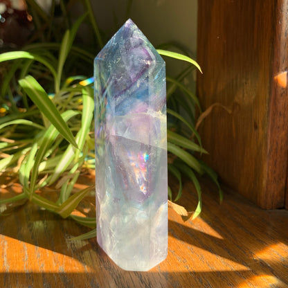 Clear Fluorite Tower with Blue Zoning + Purple Stairstep (15c) // Massive Shimmer + Rainbows