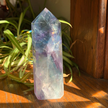 Clear Fluorite Tower with Blue Zoning + Purple Stairstep (15c) // Massive Shimmer + Rainbows