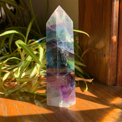 Clear Fluorite Tower with Blue, Purple + Aqua Stairstep (15d) // Massive Shimmer + Rainbows