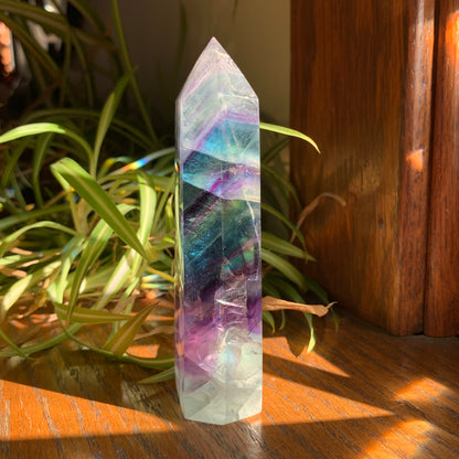 Clear Fluorite Tower with Blue, Purple + Aqua Stairstep (15d) // Massive Shimmer + Rainbows