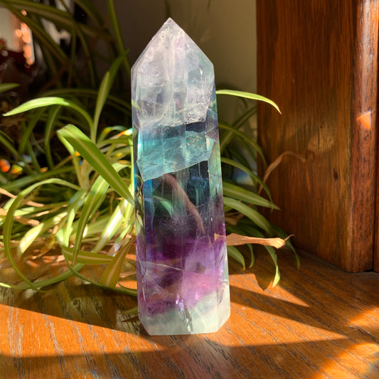 Clear Fluorite Tower with Blue, Purple + Aqua Stairstep (15d) // Massive Shimmer + Rainbows