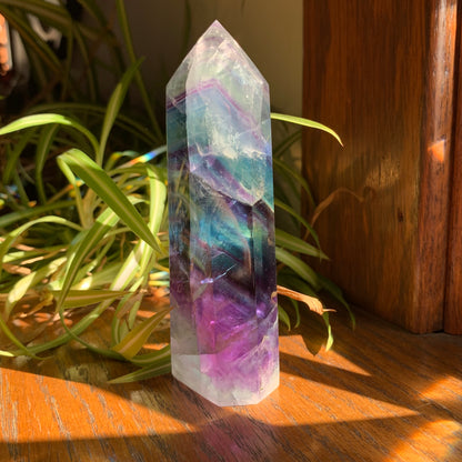 Clear Fluorite Tower with Blue, Purple + Aqua Stairstep (15d) // Massive Shimmer + Rainbows