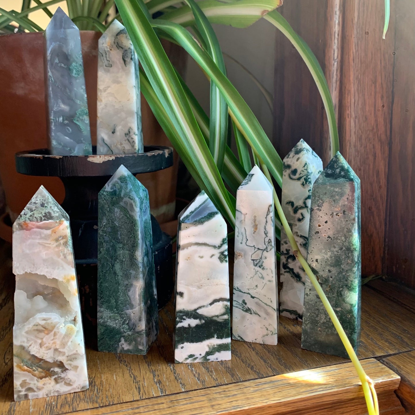 Moss Agate Obelisk Towers