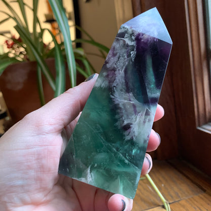 Green + Purple Snowflake Fluorite Tower (Obelisk) // Saturated Color + Gorgeous Snowflake