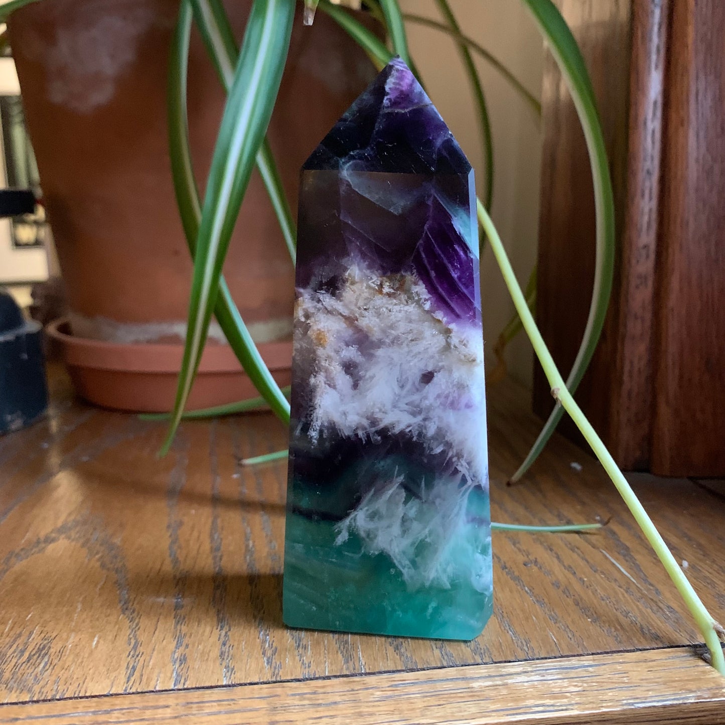 Green + Purple Snowflake Fluorite Tower (Obelisk) // Saturated Color + Gorgeous Snowflake