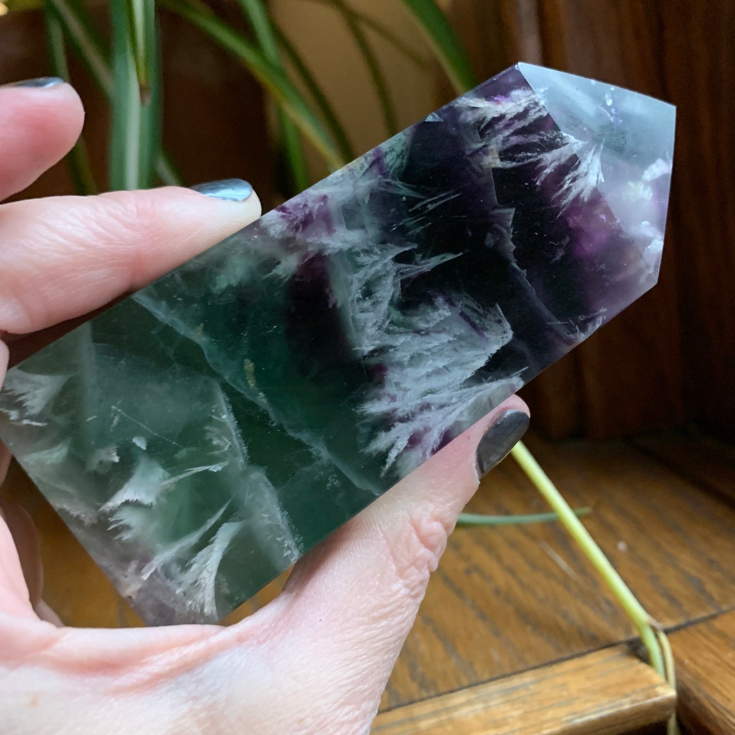 Green + Purple Snowflake Fluorite Tower (Obelisk) // Saturated Color + Gorgeous Snowflake