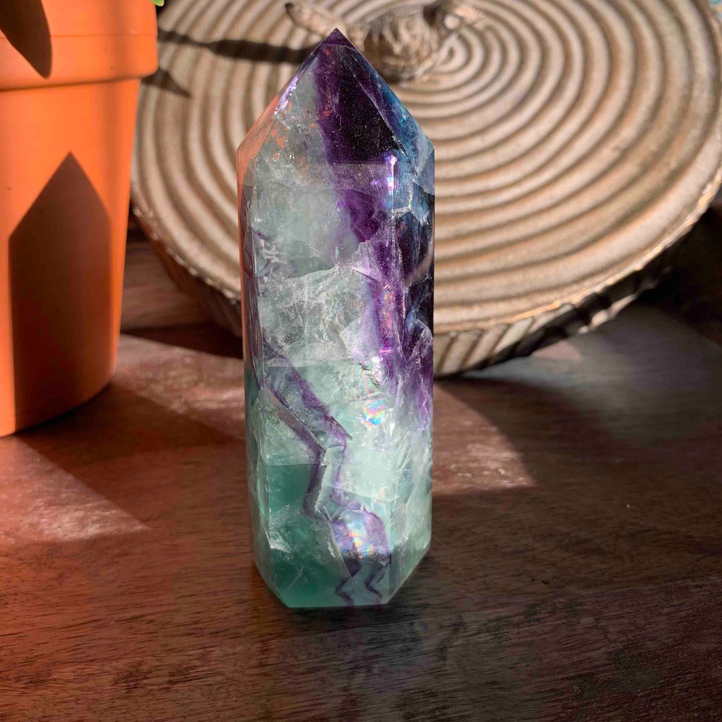 Green Fluorite Icy Tower with Dark Purple + Blue // Amazing Clarity, Polish + Rainbows