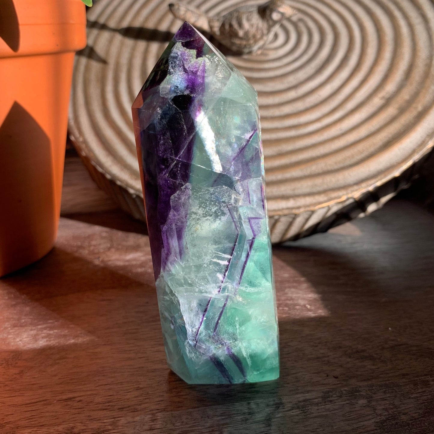 Green Fluorite Icy Tower with Dark Purple + Blue // Amazing Clarity, Polish + Rainbows