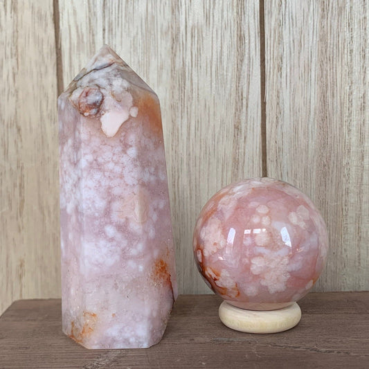 Chloe Carnelian Flower Agate Sphere + Tower Set