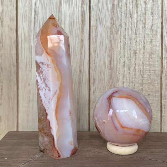 Phoebe Carnelian Flower Agate Sphere + Tower Set