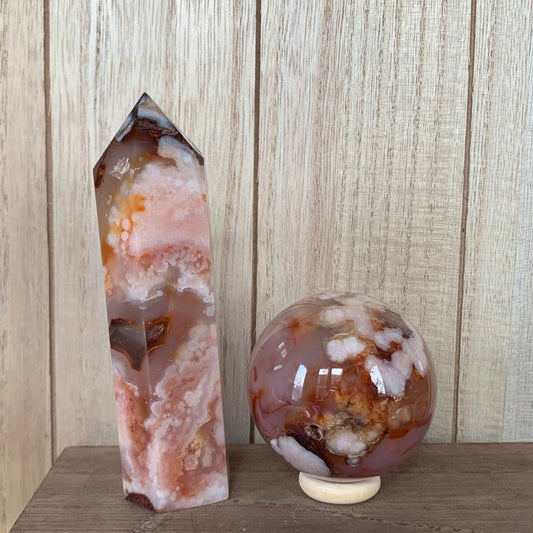 Poppy Carnelian Flower Agate Sphere + Tower Set