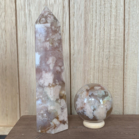 Broun Flower Agate Sphere + Tower Set