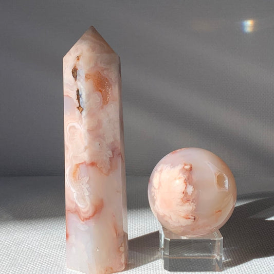 Catherine Carnelian Flower Agate Sphere + Tower Set