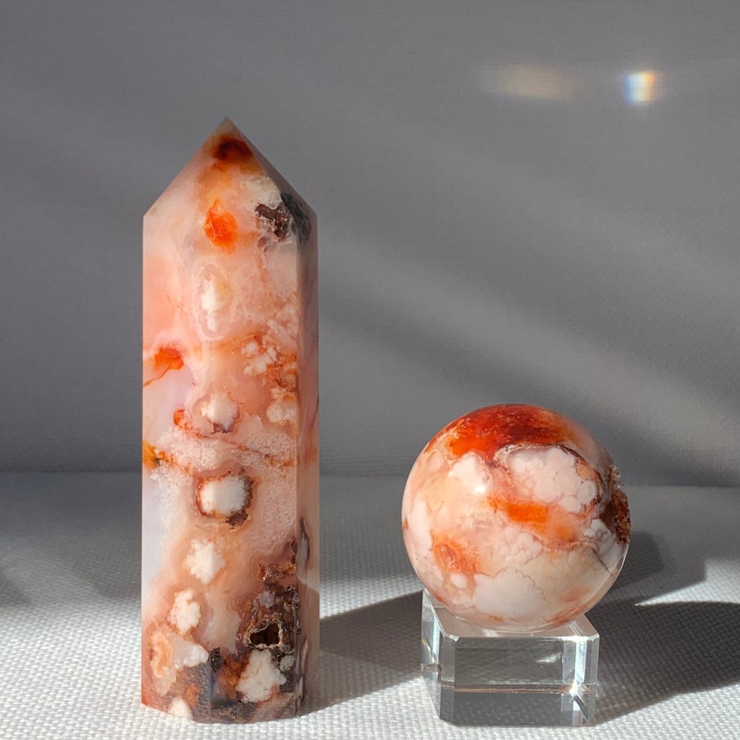 Mae Carnelian Flower Agate Sphere + Tower Set