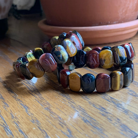 Mixed Tiger's Eye Oval Flat Bead Bracelets // Gold, Red + Blue Tiger's Eye