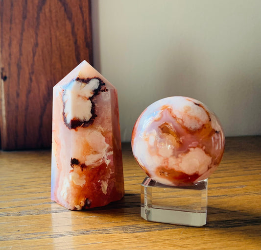 Kathleen Carnelian Flower Agate Sphere + Tower Set