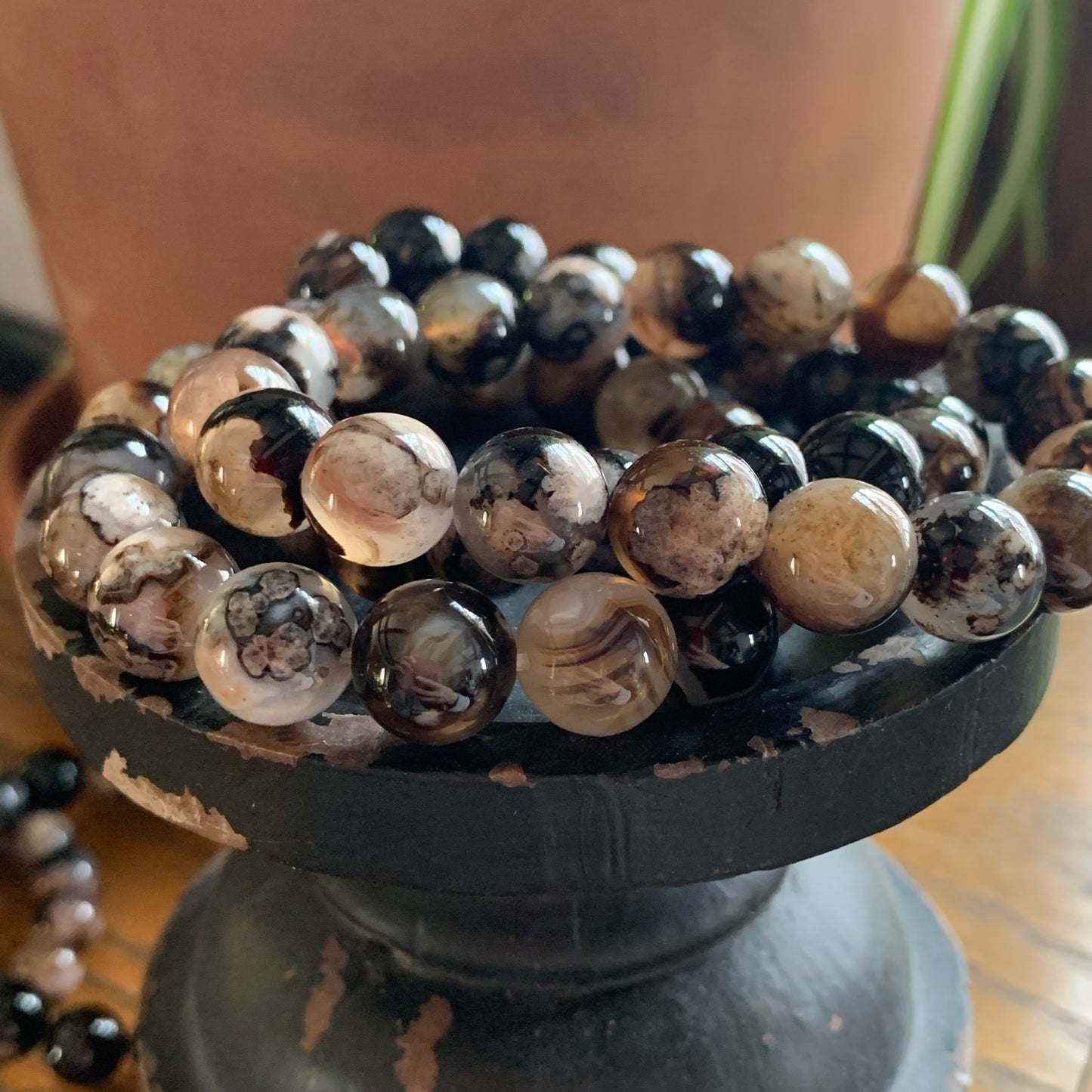 Black Flower Agate Bracelets // 10mm bead + 7.5" bracelet