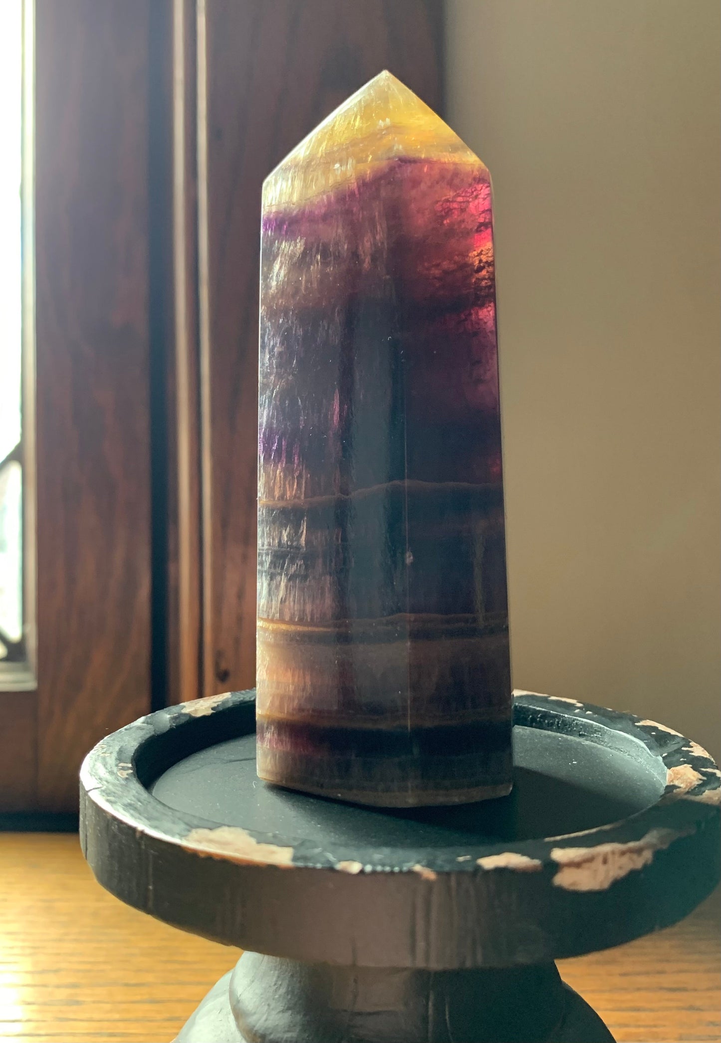 Purple and Yellow Rainbow Fluorite Tower