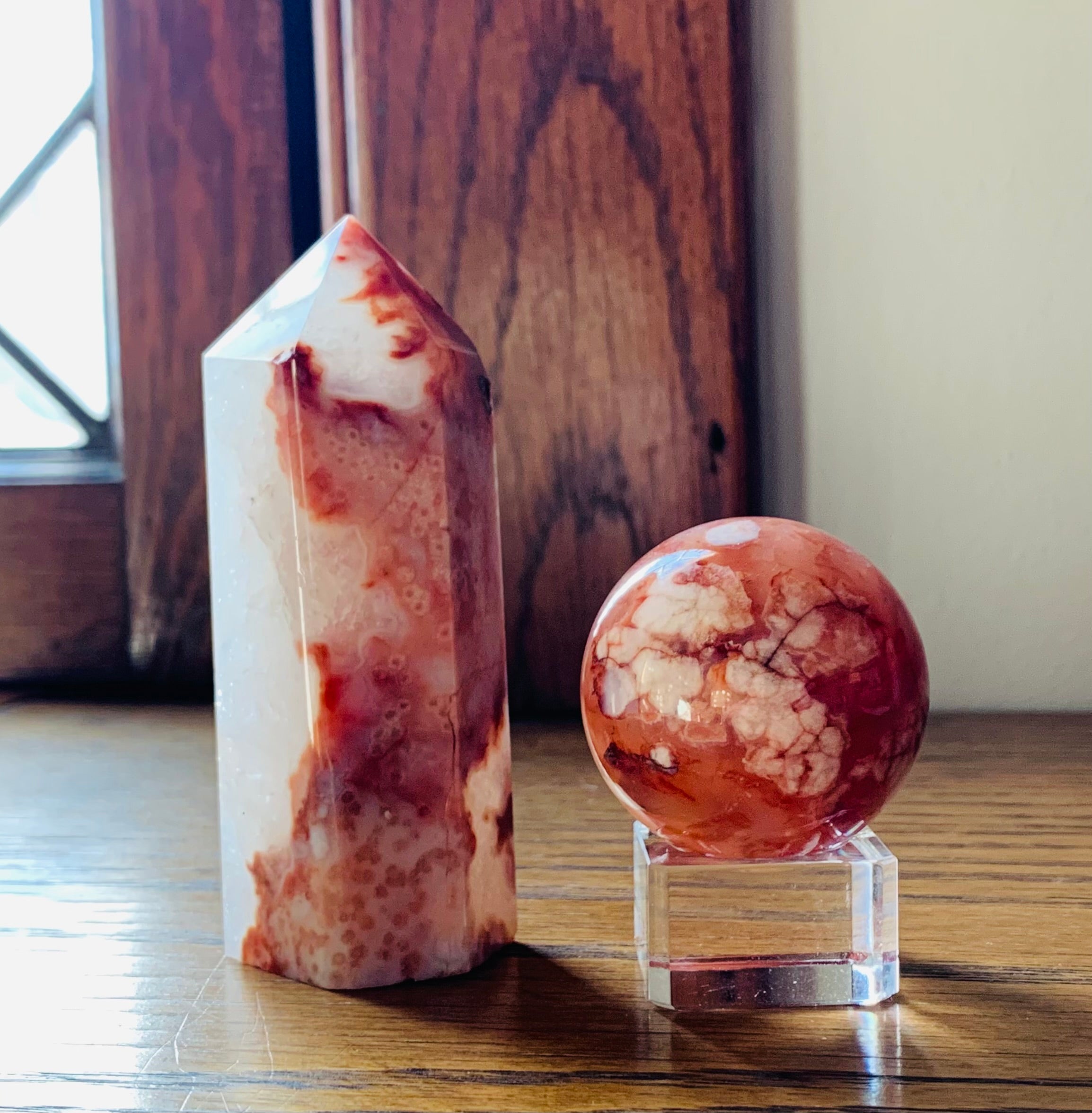 Ruby Carnelian Flower Agate Sphere + Tower Set – Cyan Moon Crystals