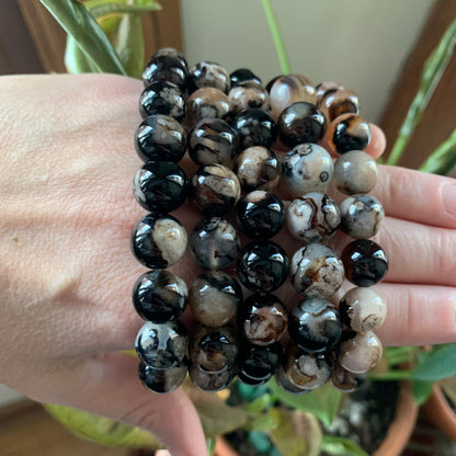 Black Flower Agate Bracelets // 10mm bead + 7.5" bracelet